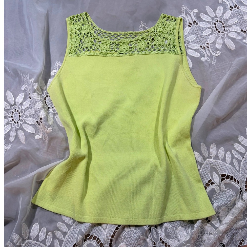 Vintage Cottage J.A.C. Lime Green Crochet Lace Yoke Sleeveless Knit Tank Top XL
